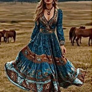 Elegant Blue and Brown Women's Western Dress. Size 1XL. NWT.